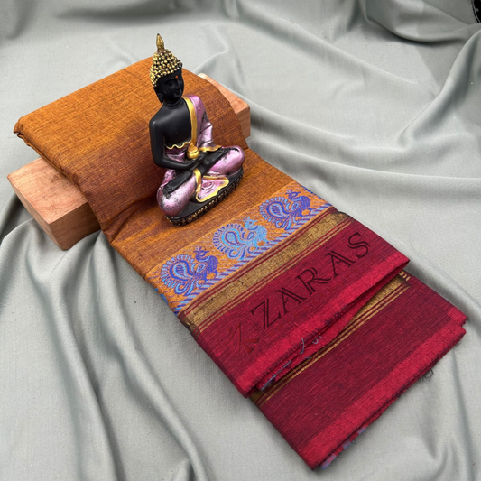 Bharatanatyam Dance Practice Saree - Golden Brown with maroon S Peacock Border image 0