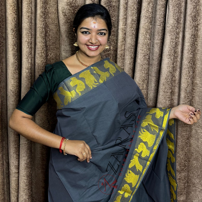 Bharatanatyam Dance Practice Saree - Grey with Gold Mudra Border image 0