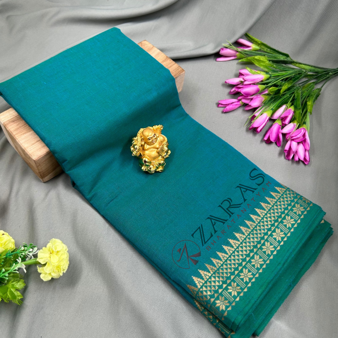 Bharatanatyam Dance Practice Saree - Sea Green with Sandal Flower Border (6mtr) image 0