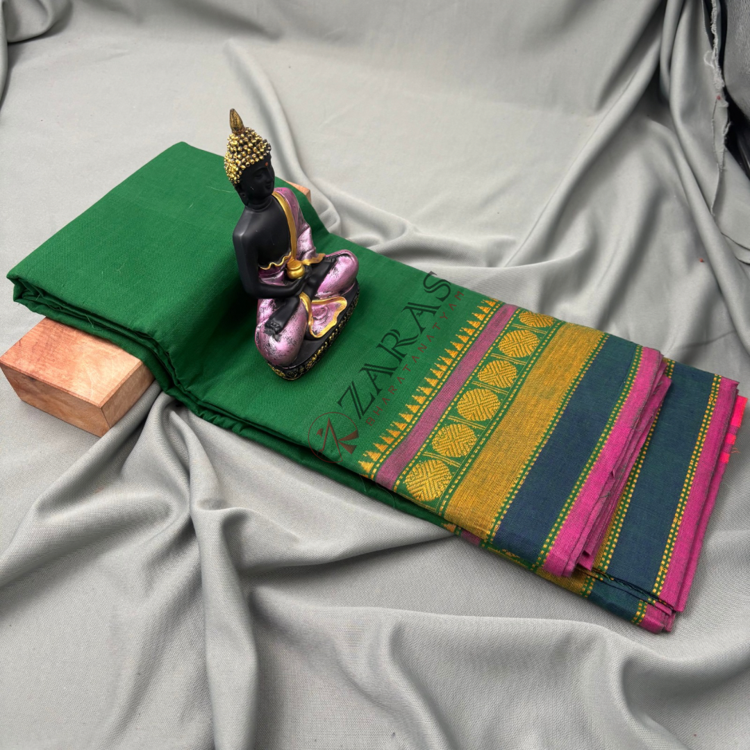 Bharatanatyam Dance Practice Saree - Green with Pink Temple Coin Border image 1