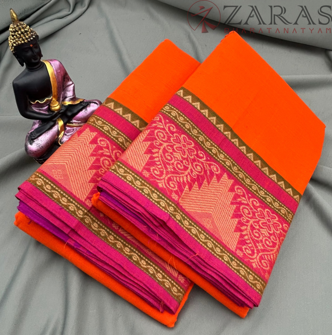 Bharatanatyam Dance Practice Saree - Orange with Pink Temple Border (6 mtr) image 1