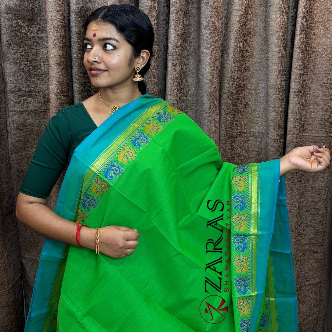 Bharatanatyam Dance Practice Saree - Green Blue Small Peacock Border image 0