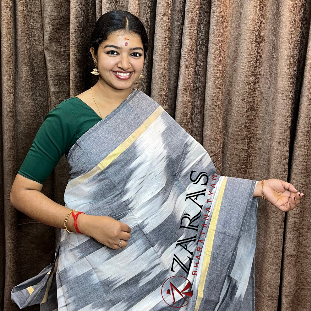 Bharatanatyam Dance Practice Saree - White Grey Mixed Ikkat Saree image 0