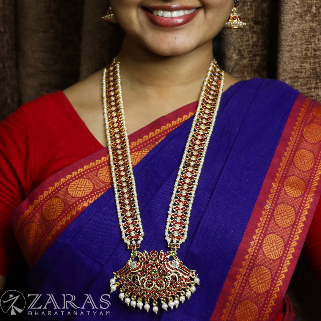 Bharatanatyam Dance Jewellery - Peacock with Mee Pearls RG Kemp Haaram / Long Chain image 0