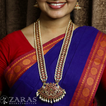 Bharatanatyam Dance Jewellery - Peacock with Mee Pearls RG Kemp Haaram / Long Chain image 0