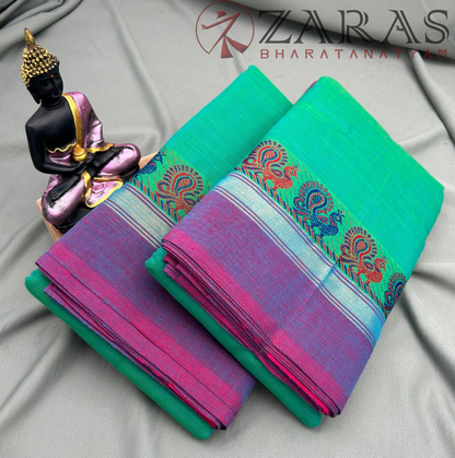 Bharatanatyam Dance Practice Saree - Sea Green with Purple Small Peacock Border image 1