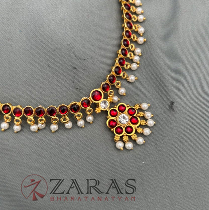 Bharatanatyam Dance Jewellery - Necklace 1 Line Attigai & Flower Red Kemp CS Beads image 0