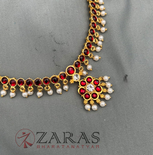 Bharatanatyam Dance Jewellery - Necklace 1 Line Attigai & Flower Red Kemp CS Beads image 0