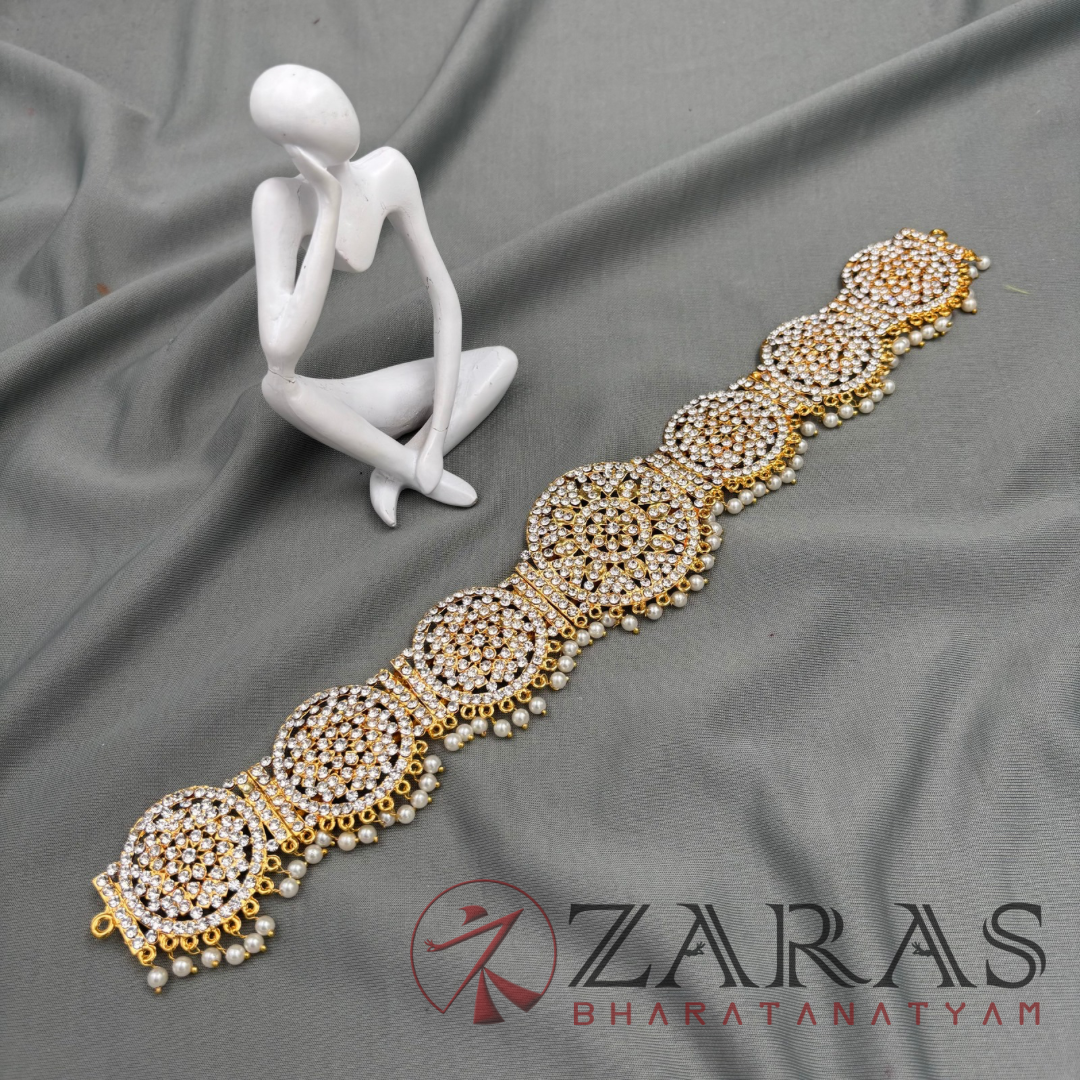 Bharatanatyam Dance Jewellery - White Stone Round Hip Belt (Ottiyanam) image 3