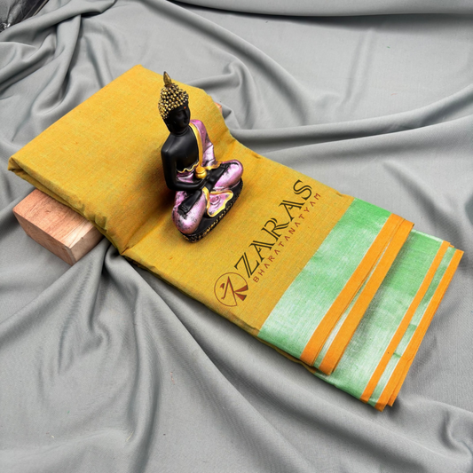 Dance Practice Saree - Mus Yellow with Green Plain Border image 0