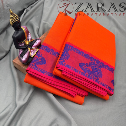 Bharatanatyam Dance Practice Saree - Orange Blue Peacock Border image 2