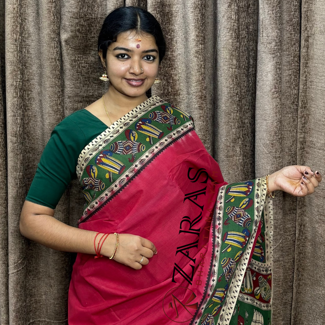 Bharatanatyam Dance Practice Saree - Red with Green Kalamkari Saree image 0