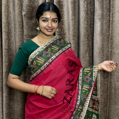 Bharatanatyam Dance Practice Saree - Red with Green Kalamkari Saree image 0