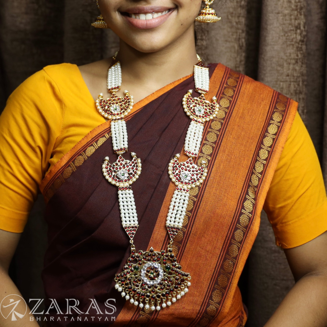 Bharatanatyam Dance Jewellery - 4 Lines Beads Moon RG Kemp Haaram / Long Chain image 0