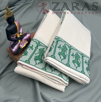 Bharatanatyam Dance Practice Saree - White with Green Doll Border image 1