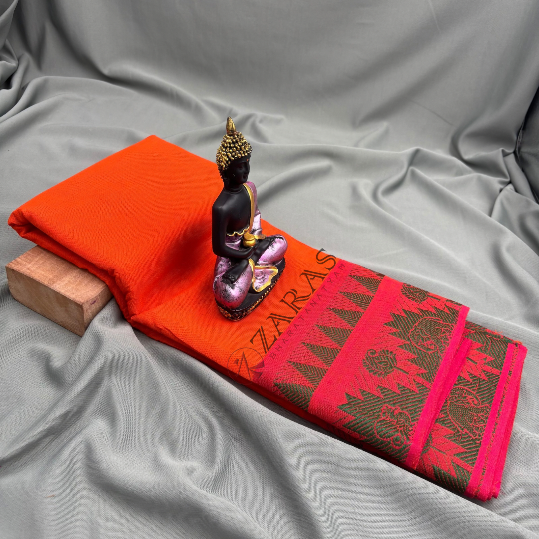 Bharatanatyam Dance Practice Saree - Orange with Red Gopuram Border image 1
