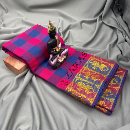 Bharatanatyam Dance Practice Saree - Pink and Blue Checked With Gold Doll Border image 1