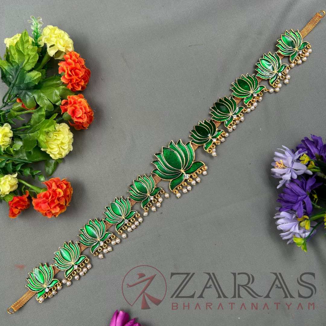 Bharatanatyam Dance Jewellery - Lotus Green Enamel Hip Belt RG Kemp CS (Ottiyanam) image 0