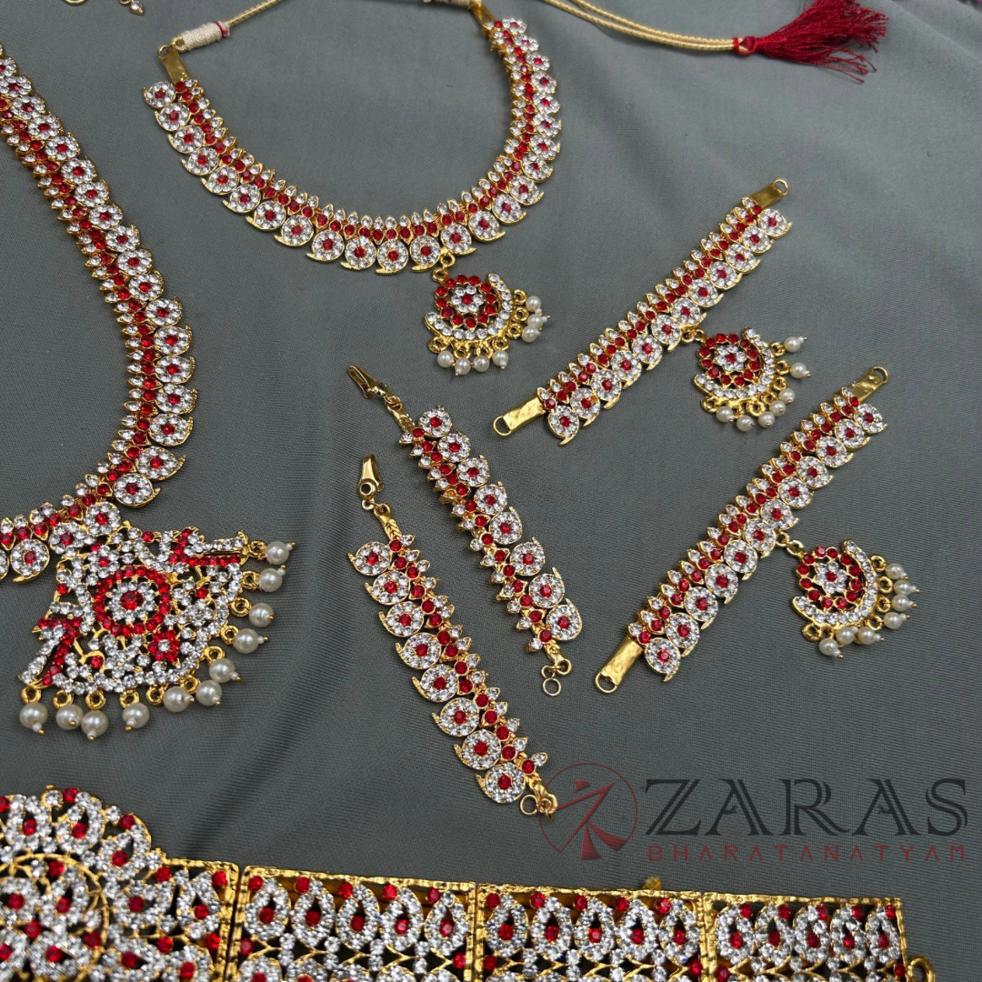 Bharatanatyam Dance Jewellery - Manga Full Set White Red Stone image 2