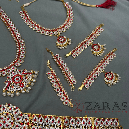 Bharatanatyam Dance Jewellery - Manga Full Set White Red Stone image 2