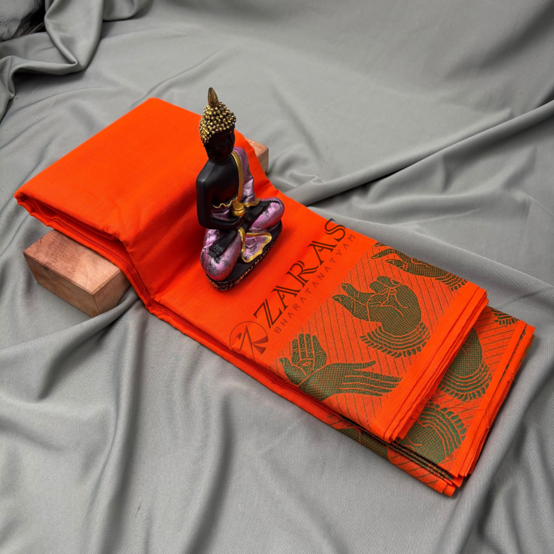 Bharatanatyam Dance Practice Saree - Orange with Green Mudra Border image 1