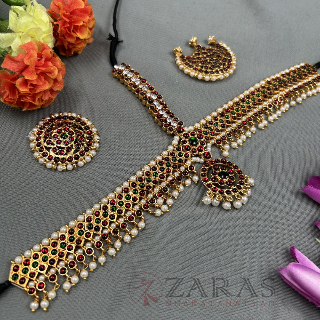Bharatanatyam Dance Jewellery - Headset V Round Red Green Kemp image 1