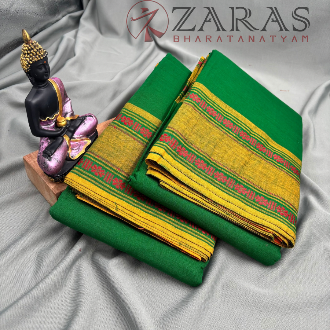 Bharatanatyam Dance Practice Saree - Green with Mustard Double Flower Border image 2