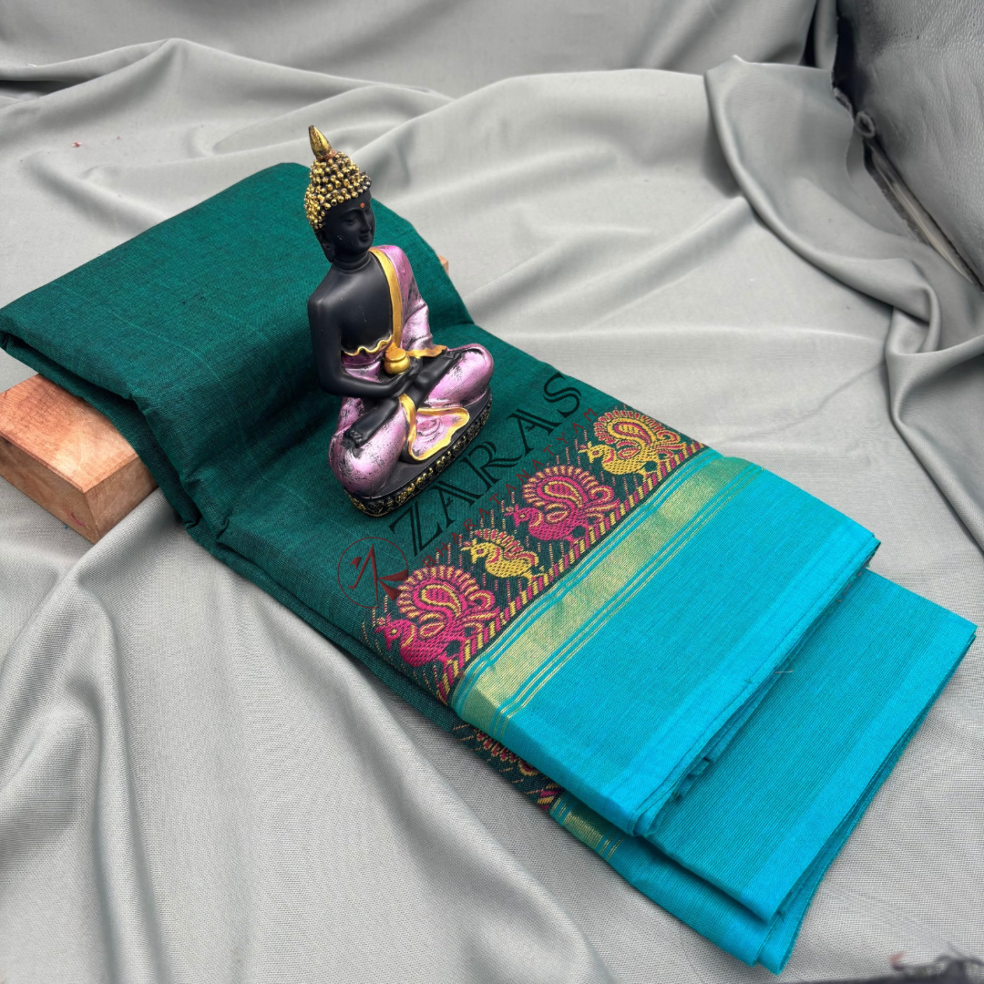 Bharatanatyam Dance Practice Saree - Peocock Green Small Peacock Border image 0