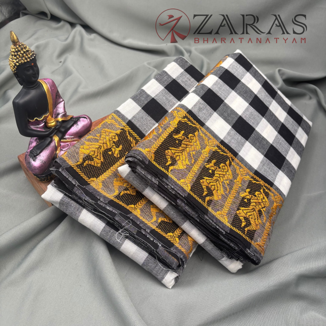 Bharatanatyam Dance Practice Saree - Black and White Checked With Gold Doll Border image 2