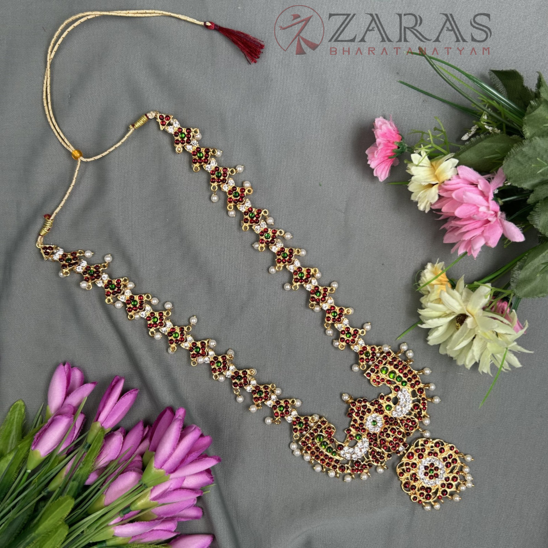 Bharatanatyam Dance Jewellery - Peacock Flower RG Kemp Haaram / Long Chain image 0