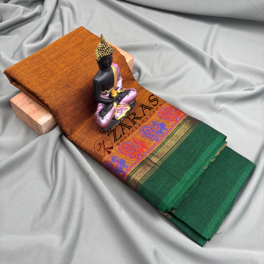 Bharatanatyam Dance Practice Saree - Mustard with Green Peacock Border image 0