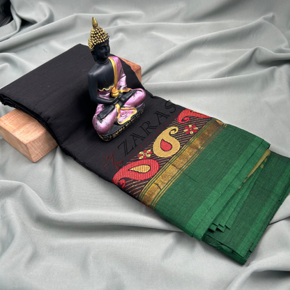 Bharatanatyam Dance Practice Saree - Black Green Manga Border image 1