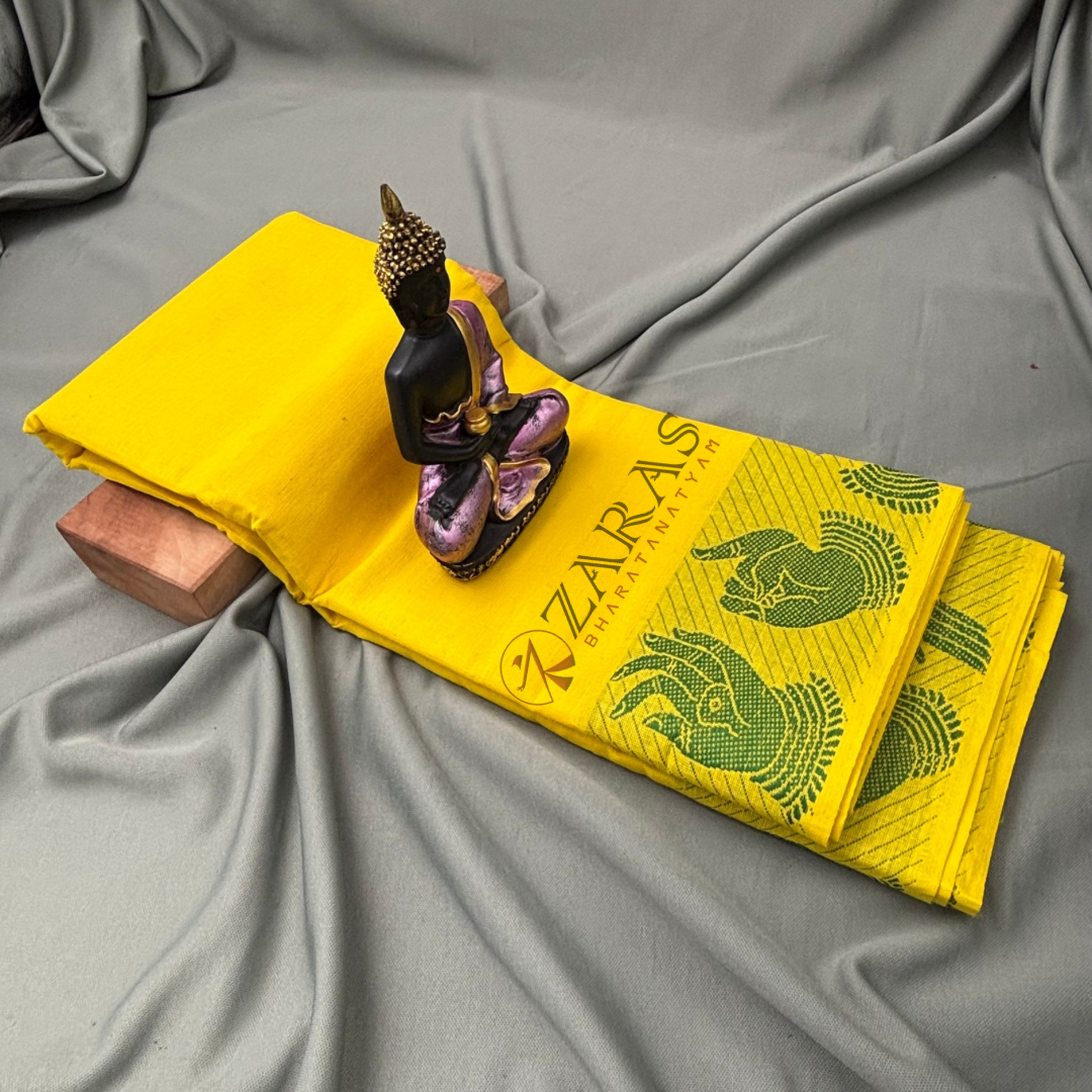 Bharatanatyam Dance Practice Saree - Lemon Yellow with Green Mudhra Border image 1