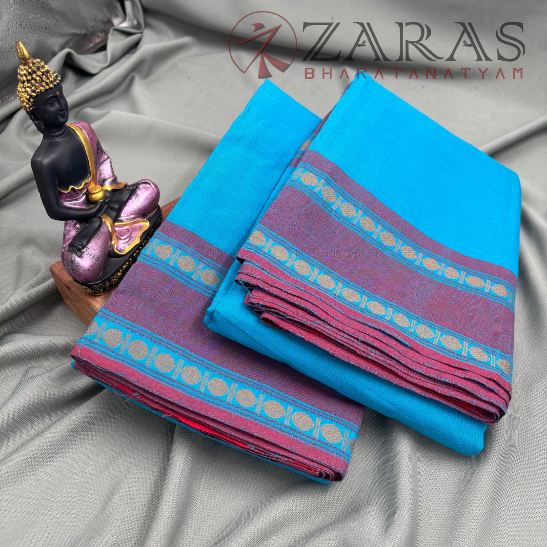 Bharatanatyam Dance Practice Saree - Blue with Red Double Coin Border image 2