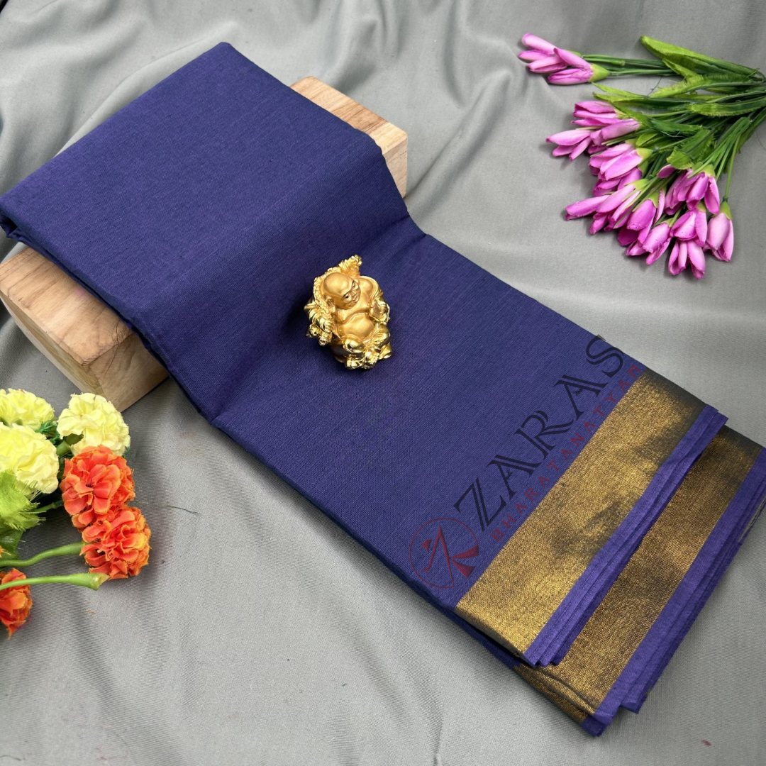 Bharatanatyam Dance Practice Saree - Blue with Gold Plain Border image 0