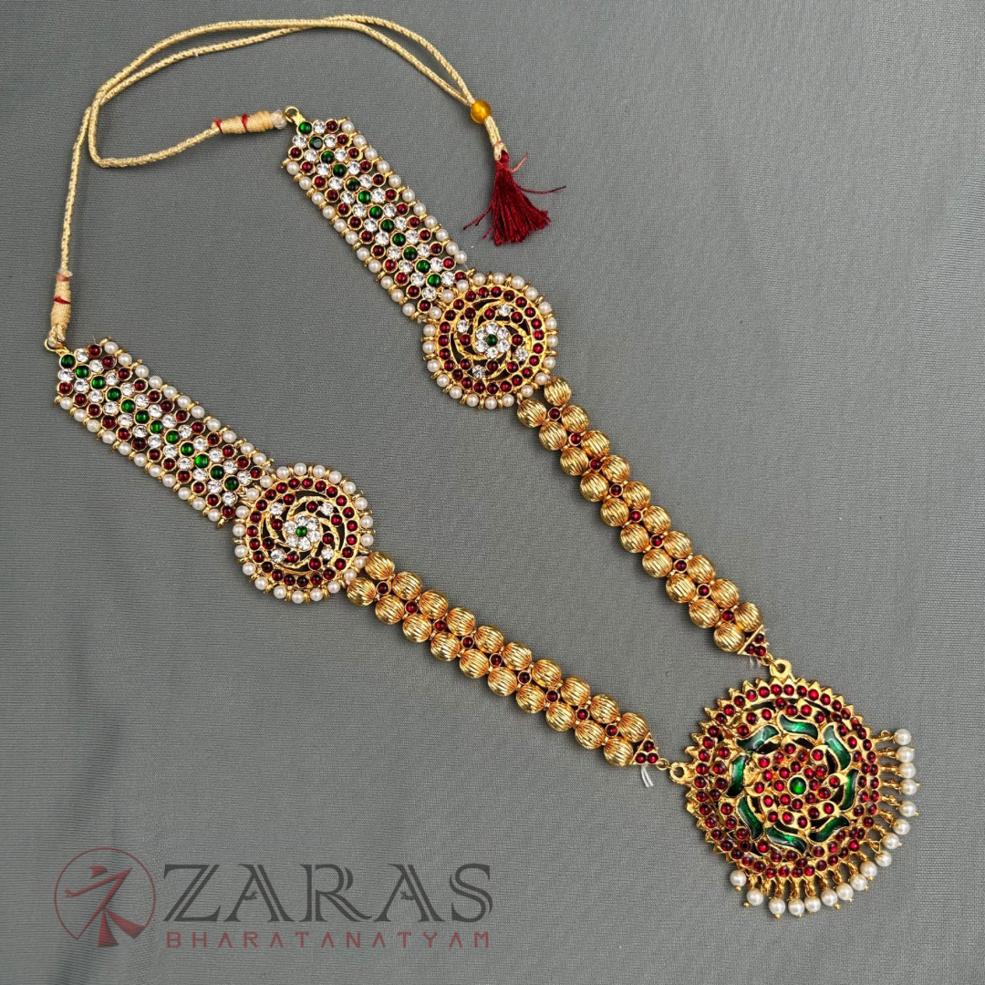 Bharatanatyam Dance Jewellery - Sun with Flower RG Kemp Haaram / Long Chain image 2