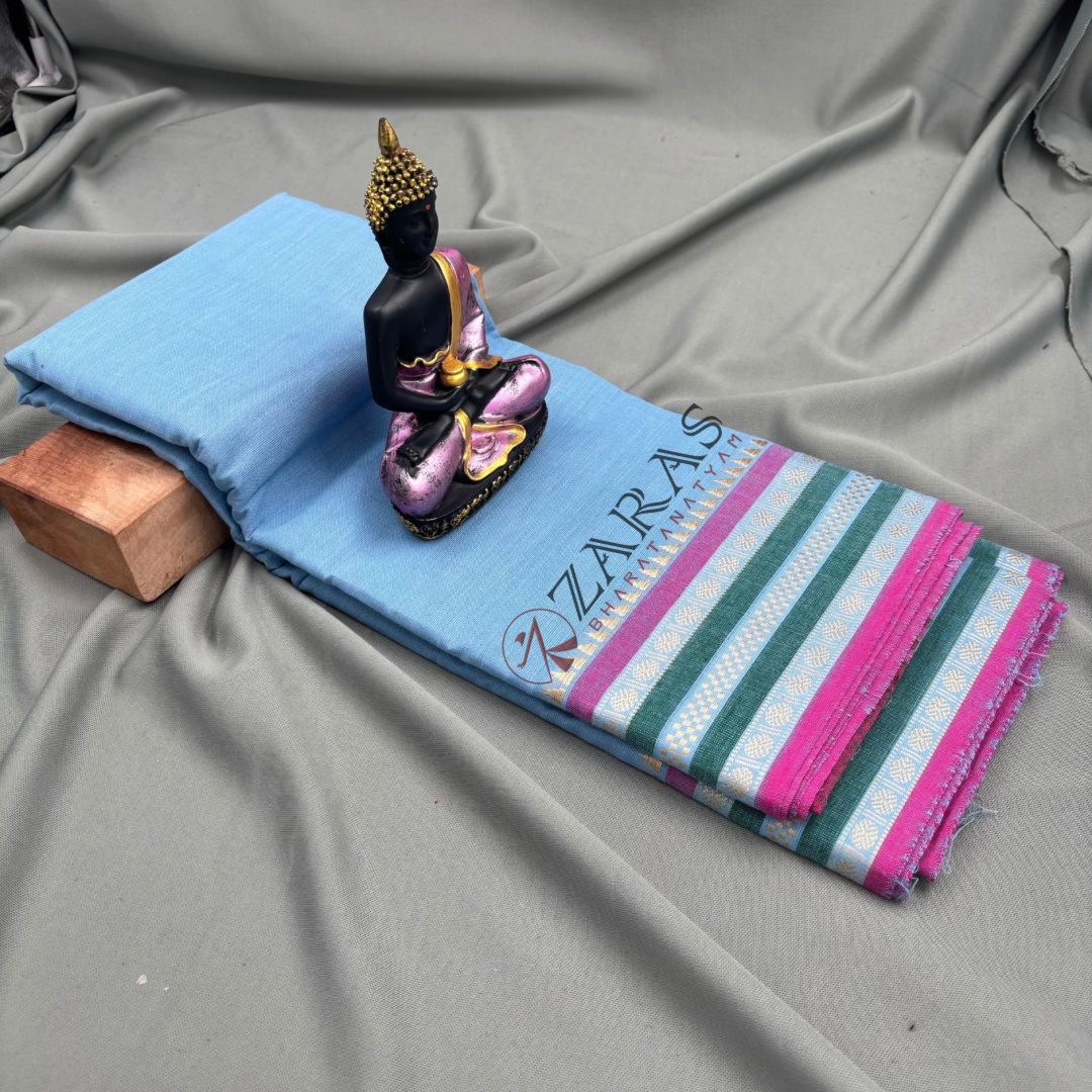 Bharatanatyam Dance Practice Saree - Blue with Pink Double Coin Border image 1
