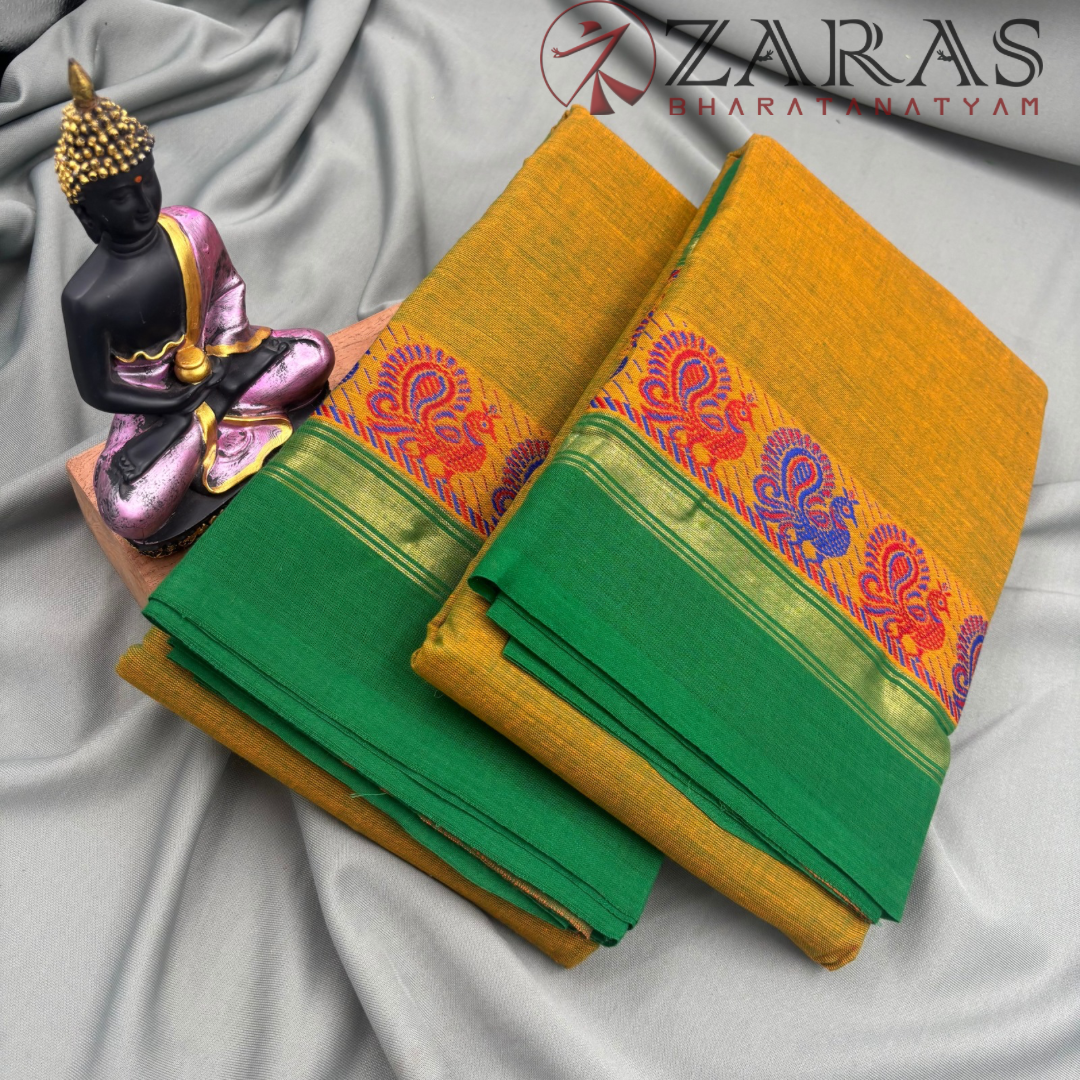 Bharatanatyam Dance Practice Saree - Mustard Mix Green Small Peacock Border image 1