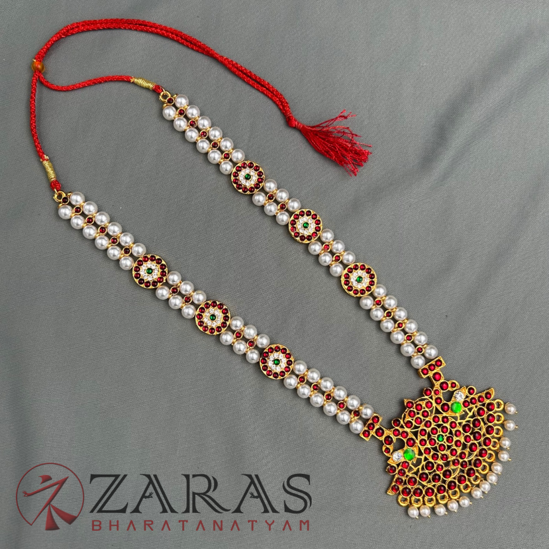Bharatanatyam Dance Jewellery - Haaram 2 Line Pearl 3R Kemp image 2