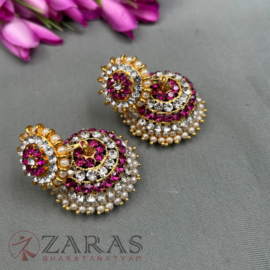 Bharatanatyam Dance Jewellery - 4 Line Jimiki Pink White Stone image 1