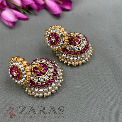 Bharatanatyam Dance Jewellery - 4 Line Jimiki Pink White Stone image 1