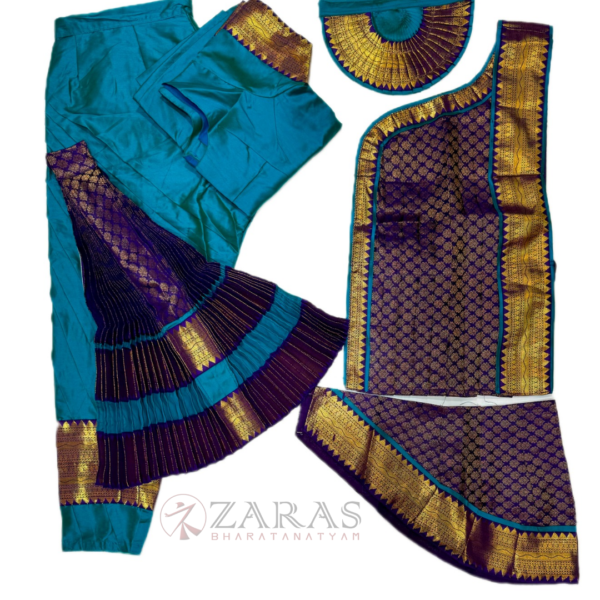Bharatanatyam Dance Costume Readymade - Turquoise Blue with Violet Brocade