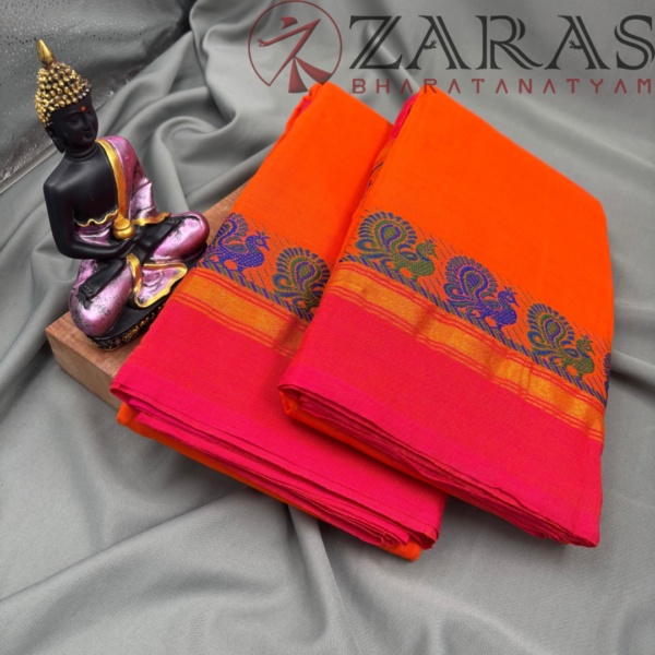 Bharatanatyam Dance Practice Saree - Orange Red Small Peacock Border - Image 3