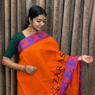 Bharatanatyam Dance Practice Saree - Orange Blue Peacock Border