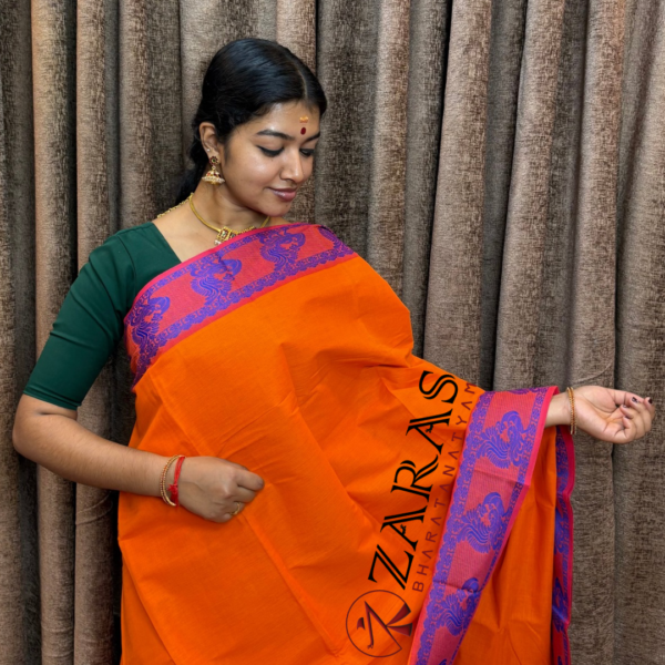 Bharatanatyam Dance Practice Saree - Orange Blue Peacock Border