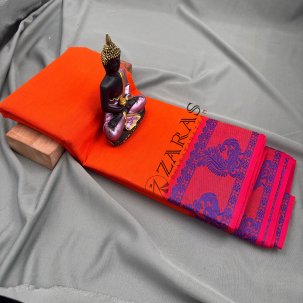 Bharatanatyam Dance Practice Saree - Orange Blue Peacock Border - Image 2