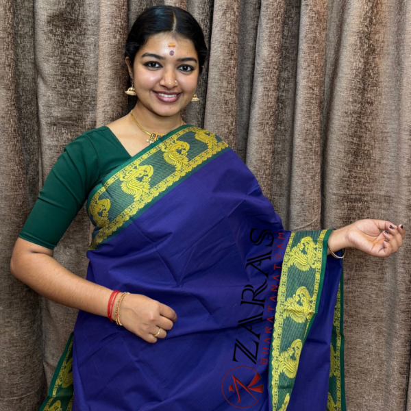 Bharatanatyam Dance Practice Saree - Blue D Green Peacock Border