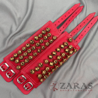 Golden Bharatanatyam anklet bells with adjustable straps, Traditional ghungroo for Bharatanatyam performances.