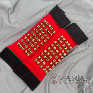 Golden Bharatanatyam anklet bells with adjustable straps, Traditional ghungroo for Bharatanatyam performances.