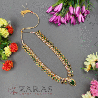 Bharatanatyam Dance Jewellery Haaram - Flower Green Enamel CS Maalai / Long Haaram